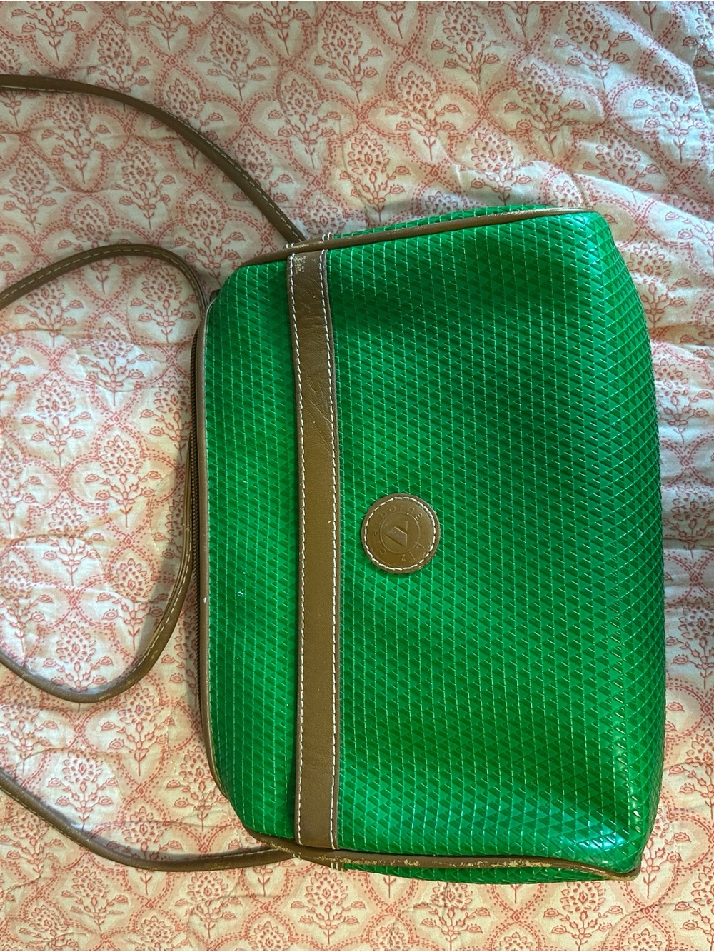 Green Crossbody Shoulder Bag with Tan Trim